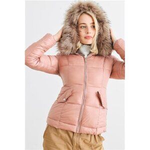 Mauve Long Sleeve Faux Fur Hood Padded Water Resistant Finish Jacket For Women